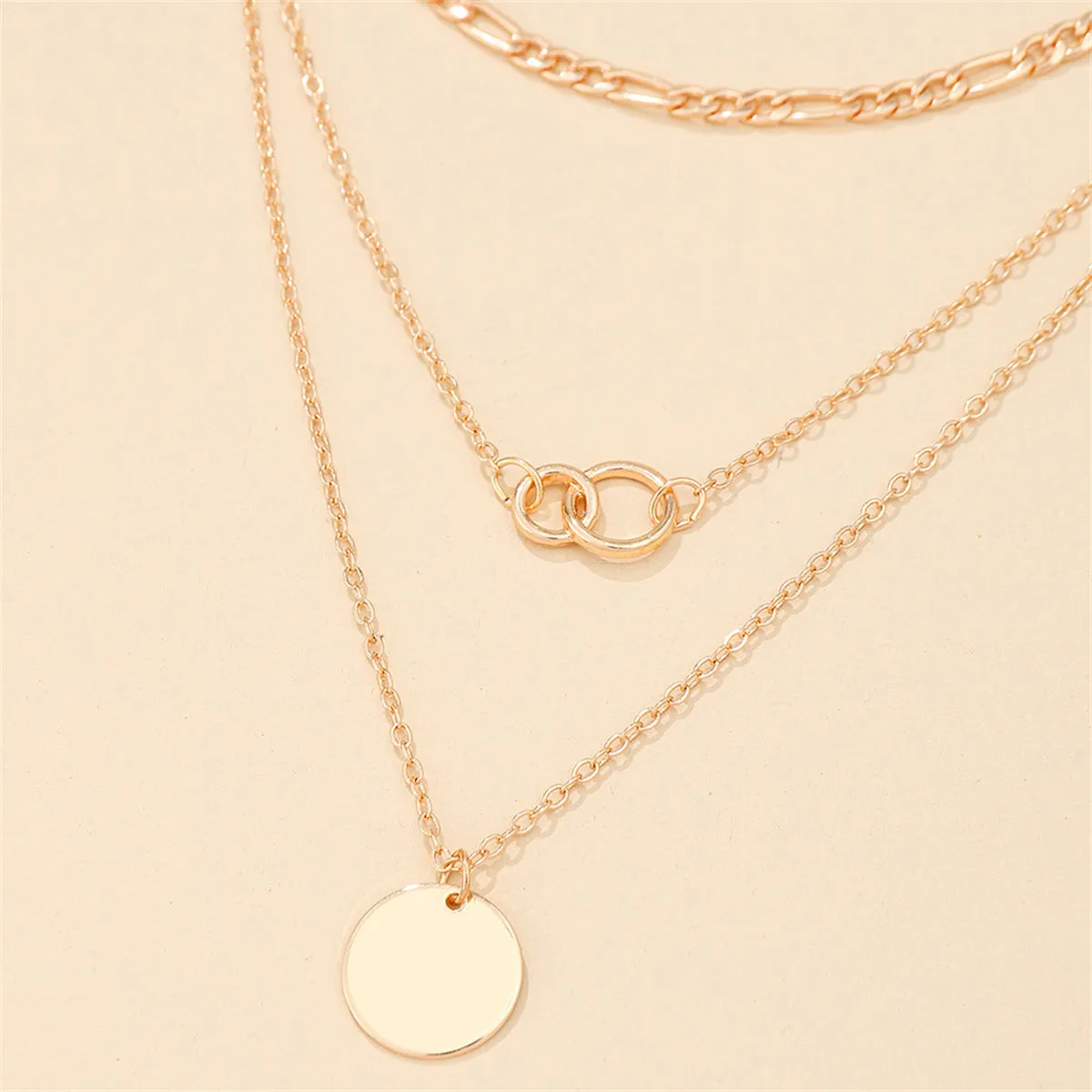 18K Gold-Plated Figaro Chain Round Layered Pendant Necklace