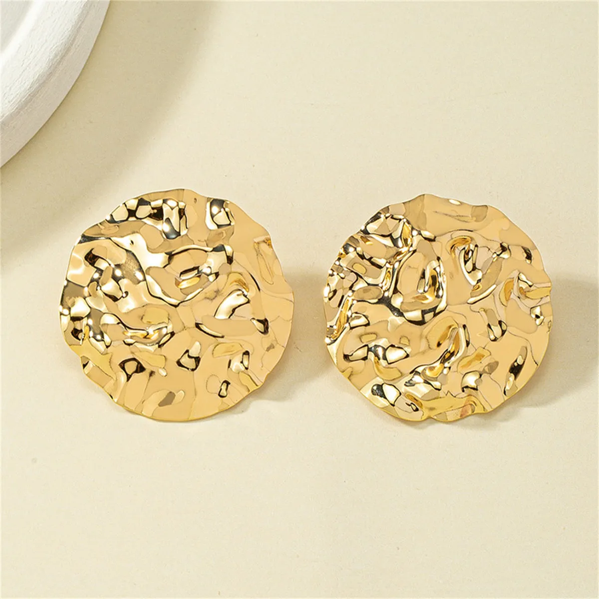 18K Gold-Plated Hamerred Round Stud Earrings