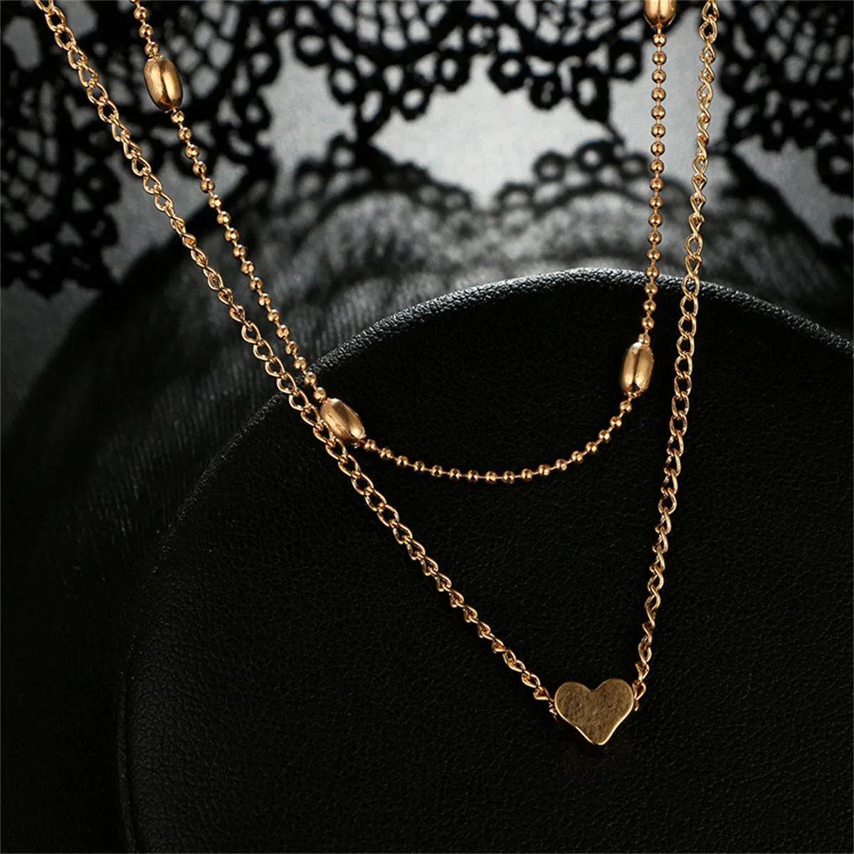 18K Gold-Plated Heart Ball Chain Layered Pendant Necklace