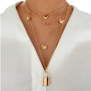 18K Gold-Plated Heart Butterfly Lock Layered Pendant Necklace