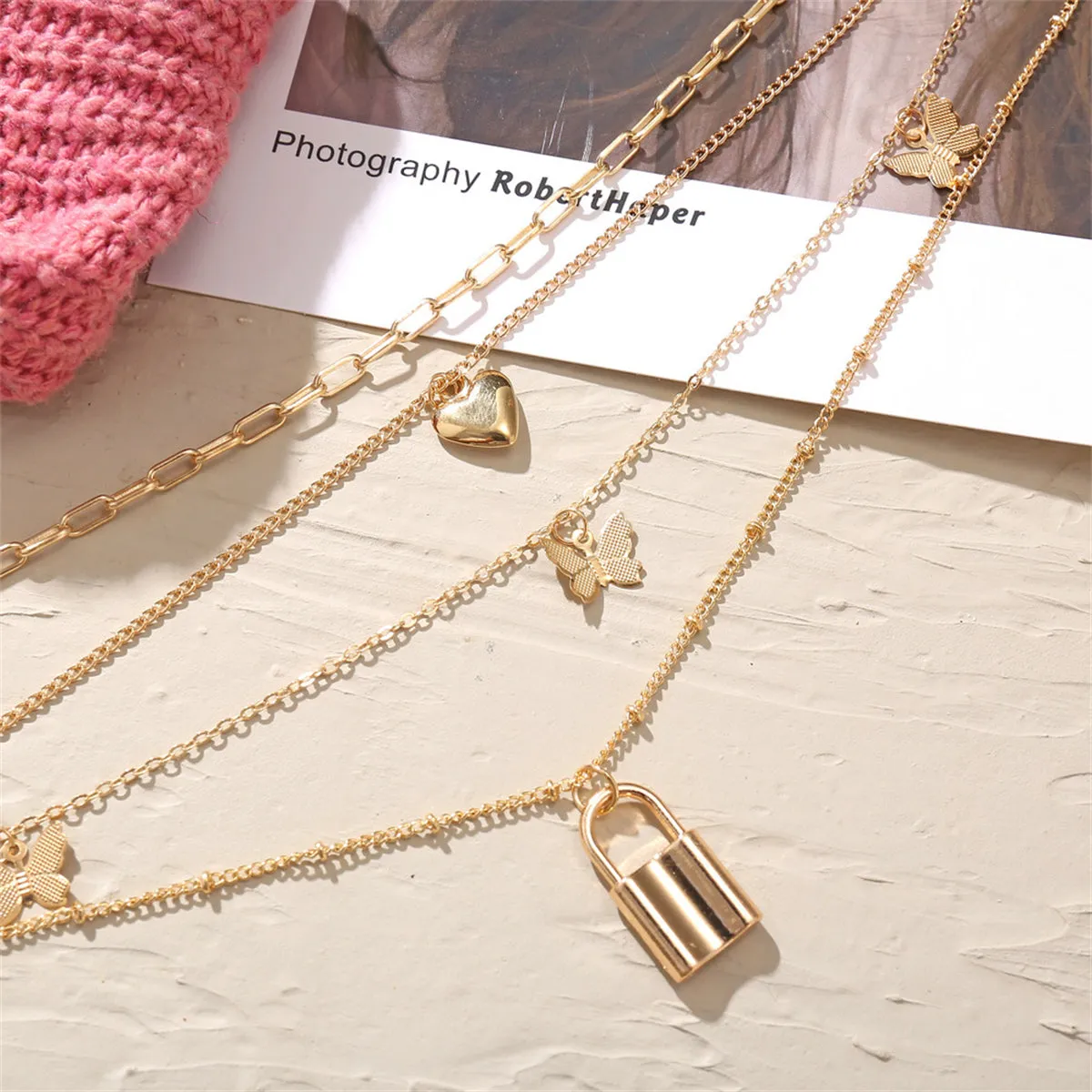 18K Gold-Plated Heart Butterfly Lock Layered Pendant Necklace