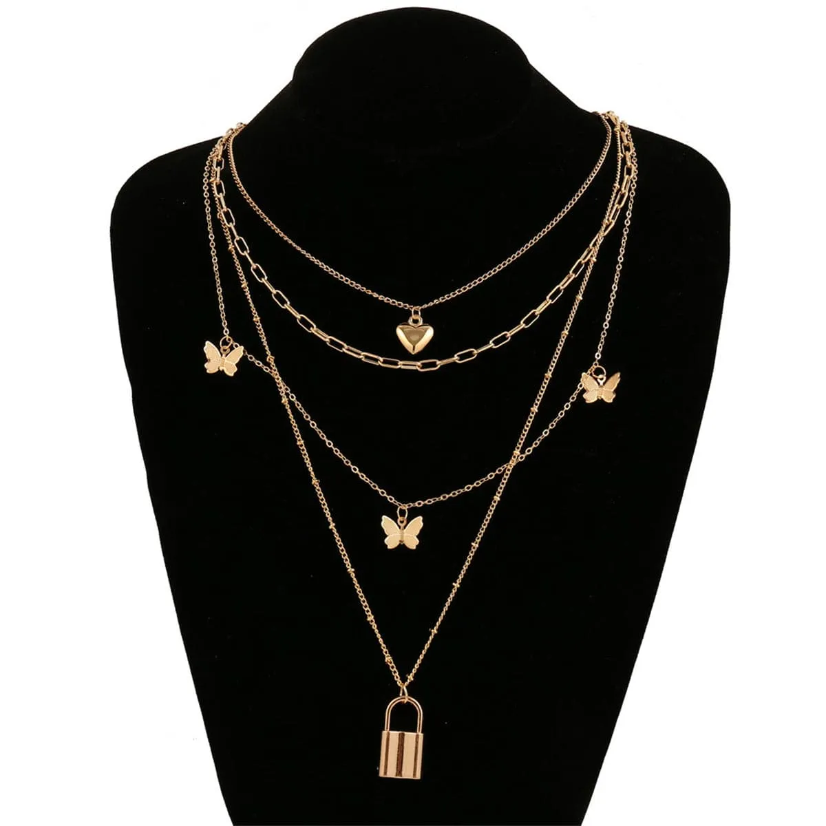 18K Gold-Plated Heart Butterfly Lock Layered Pendant Necklace