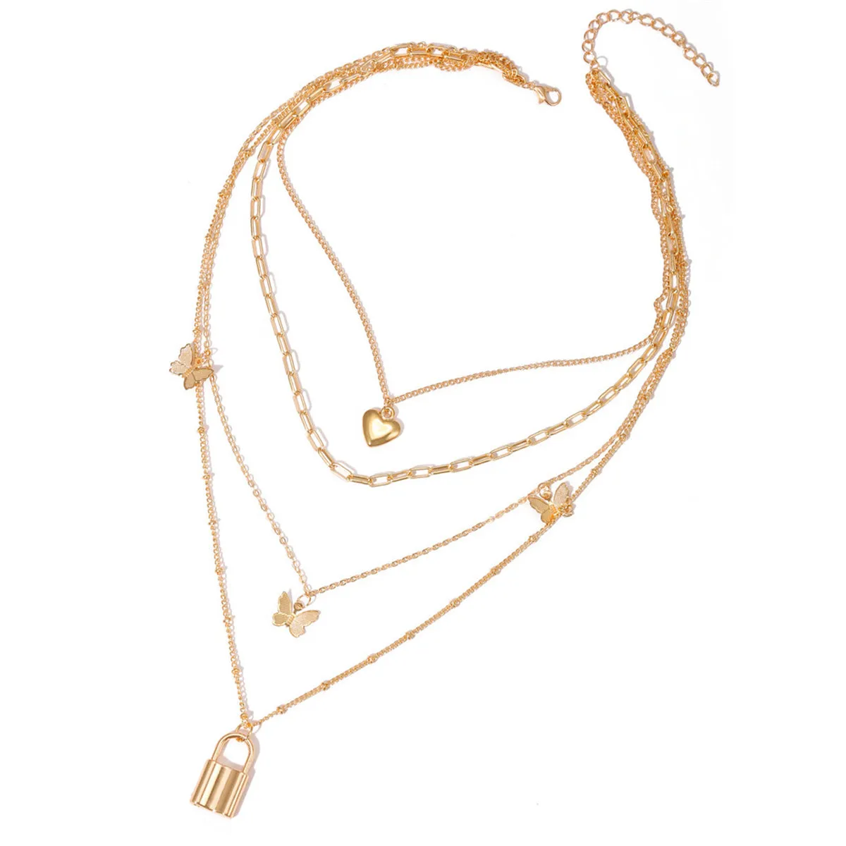 18K Gold-Plated Heart Butterfly Lock Layered Pendant Necklace