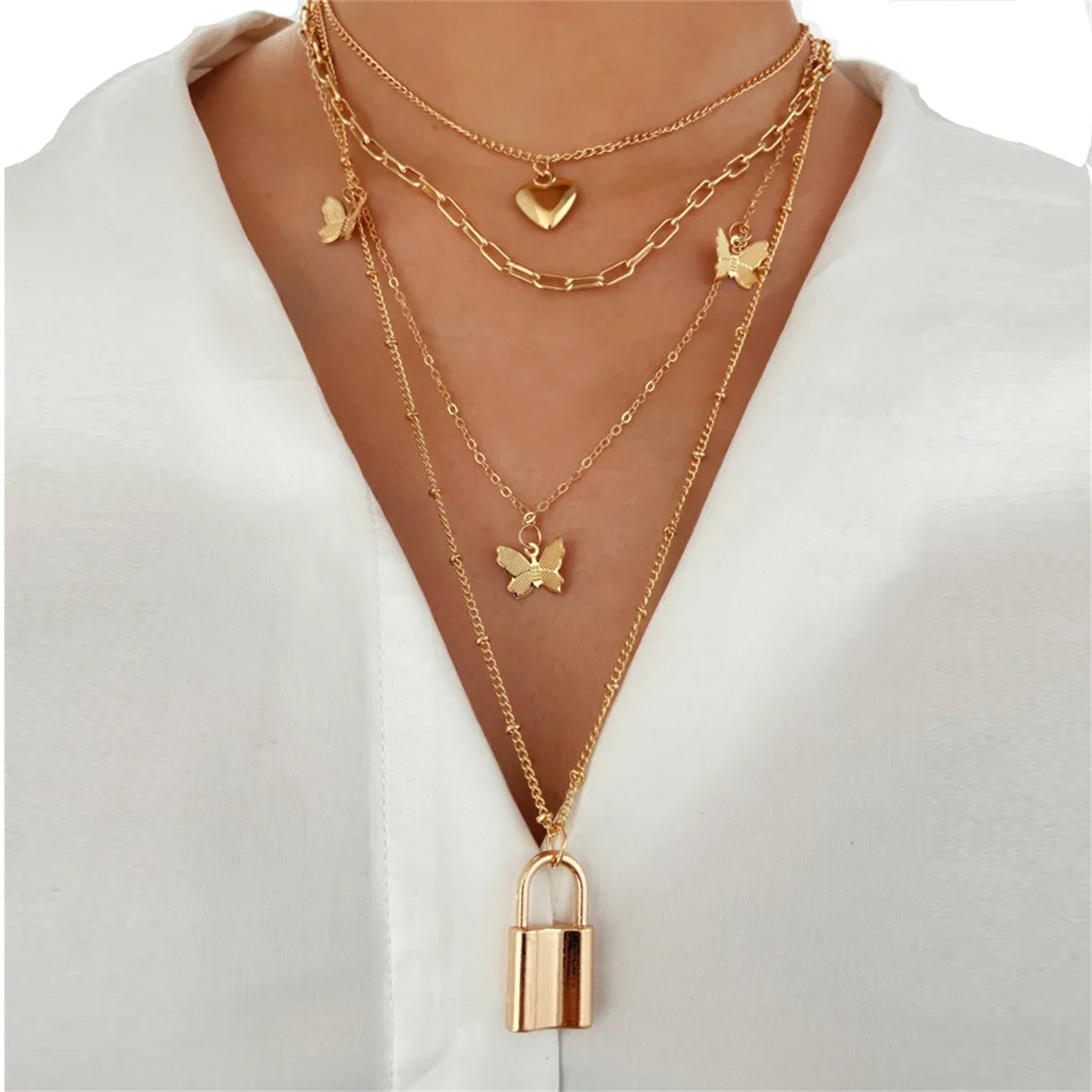 18K Gold-Plated Heart Butterfly Lock Layered Pendant Necklace