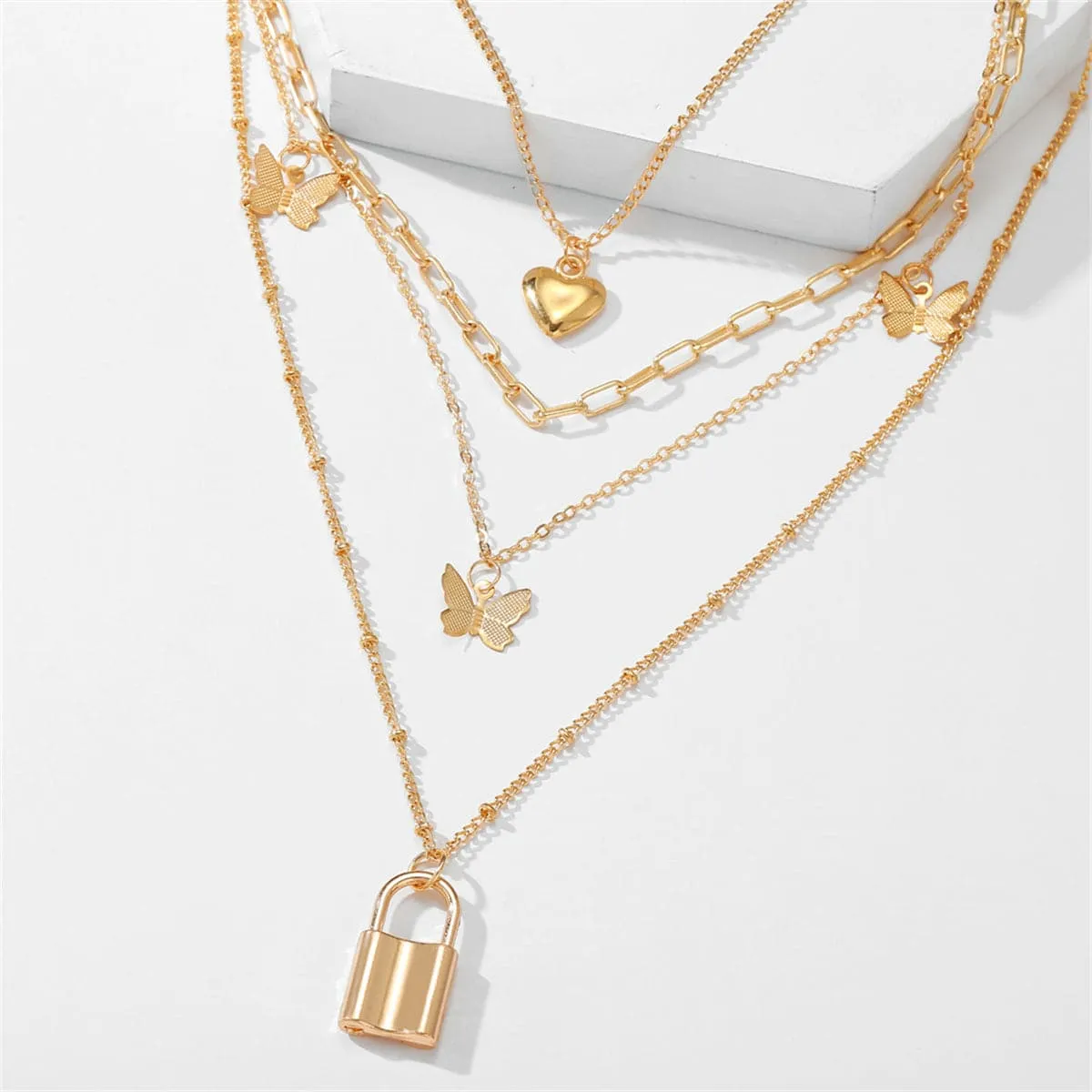 18K Gold-Plated Heart Butterfly Lock Layered Pendant Necklace