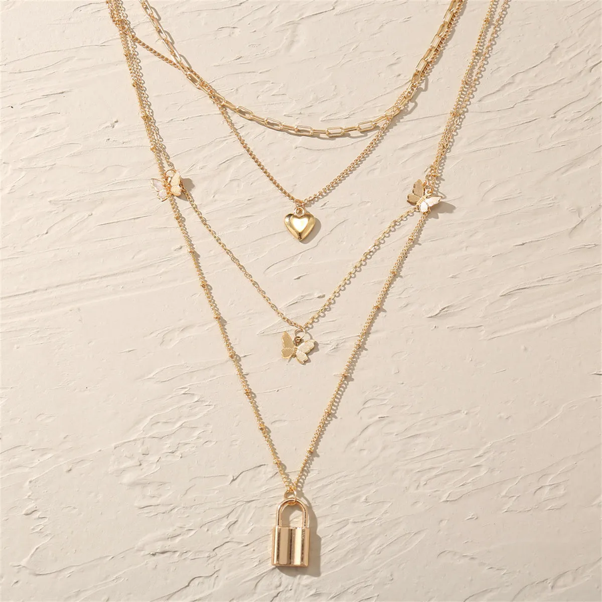 18K Gold-Plated Heart Butterfly Lock Layered Pendant Necklace