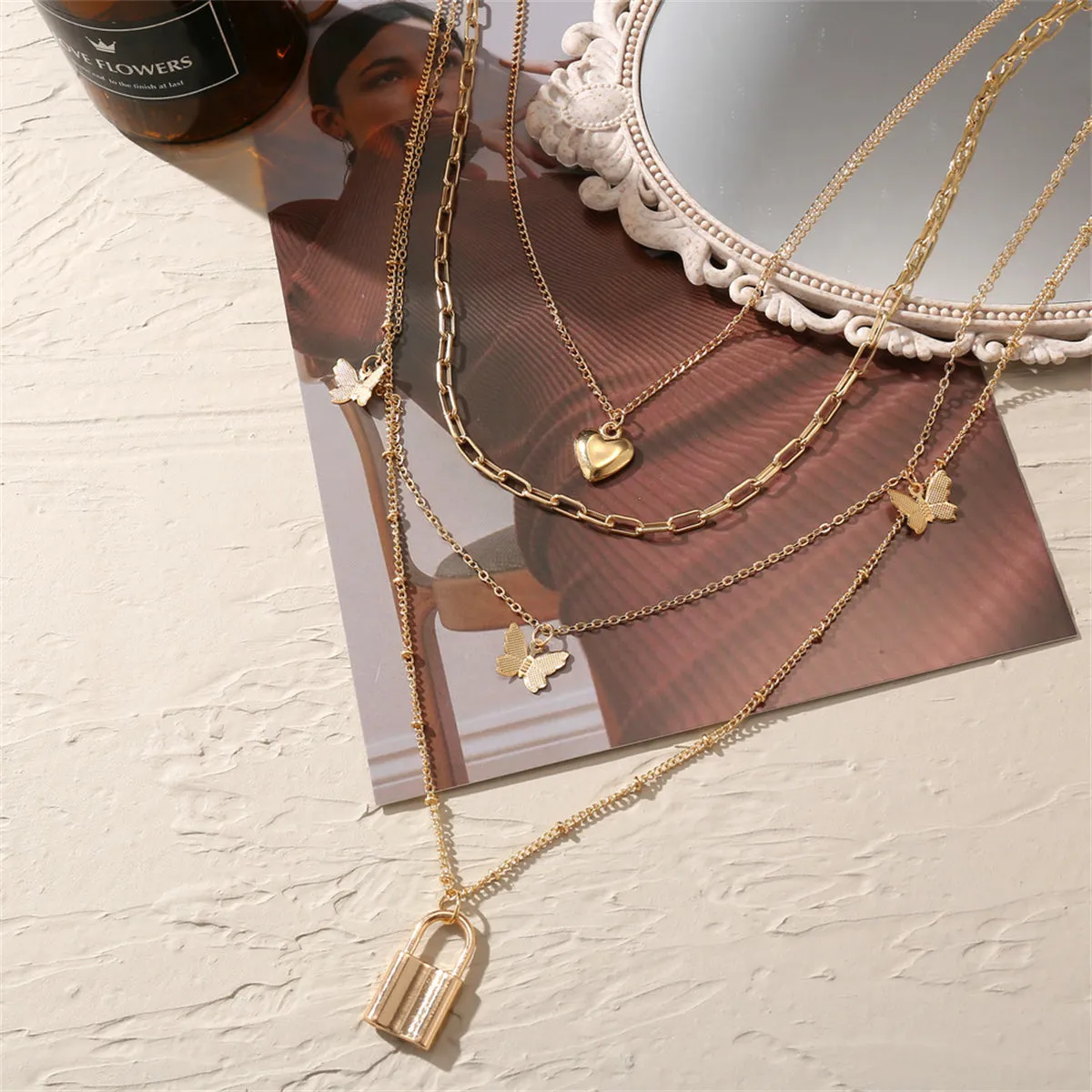 18K Gold-Plated Heart Butterfly Lock Layered Pendant Necklace