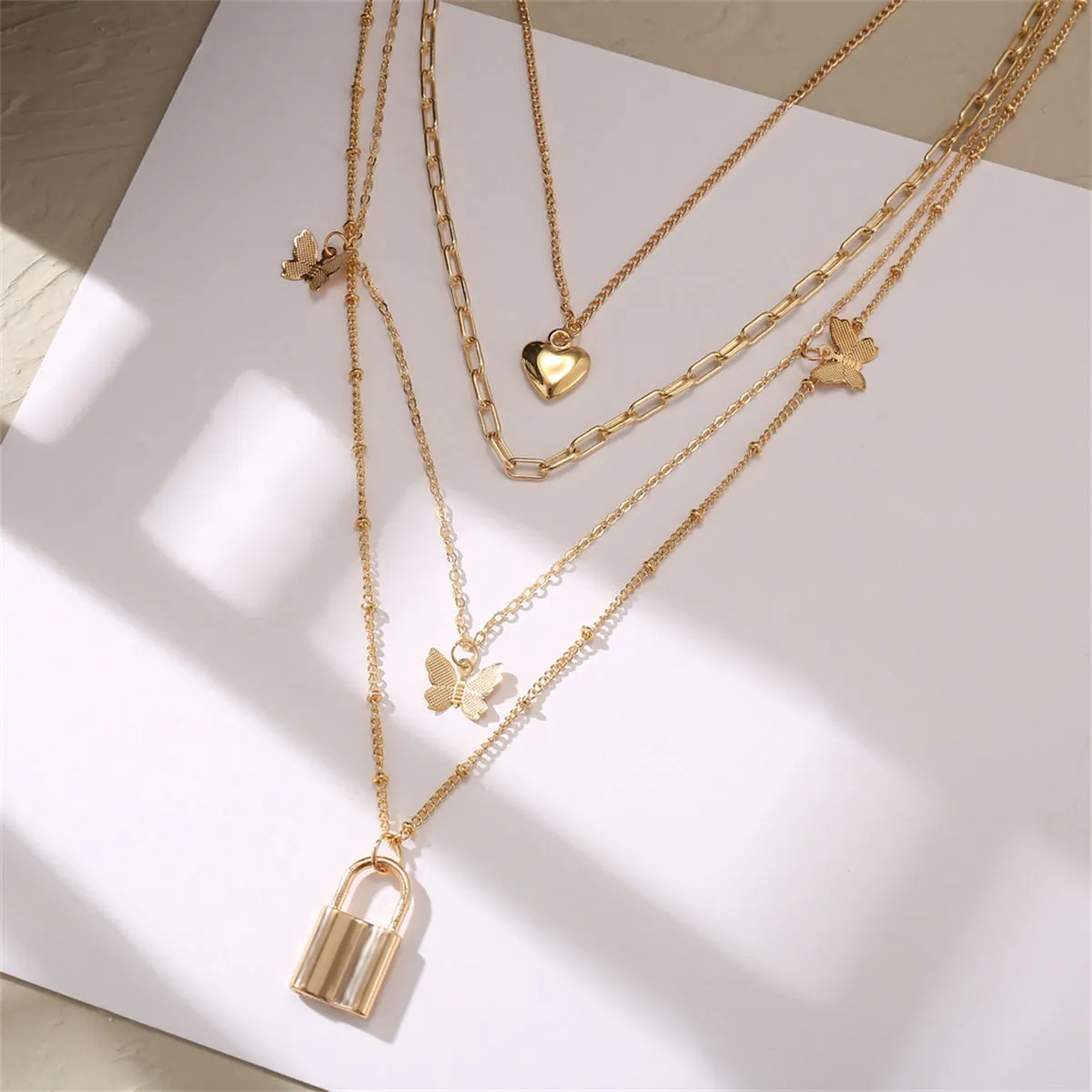 18K Gold-Plated Heart Butterfly Lock Layered Pendant Necklace