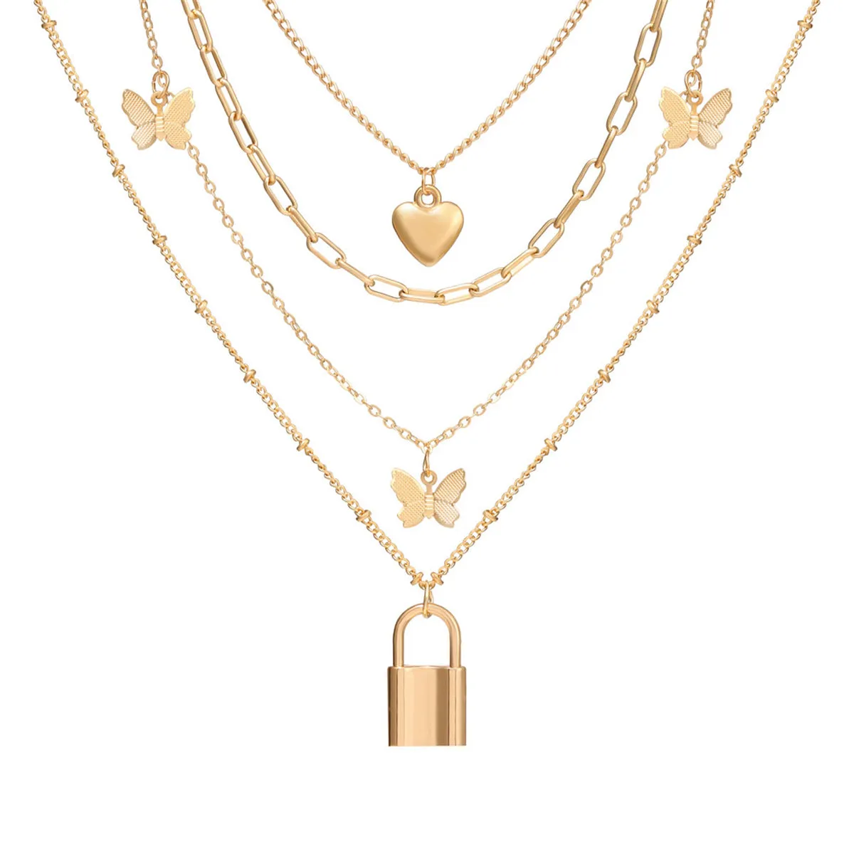 18K Gold-Plated Heart Butterfly Lock Layered Pendant Necklace