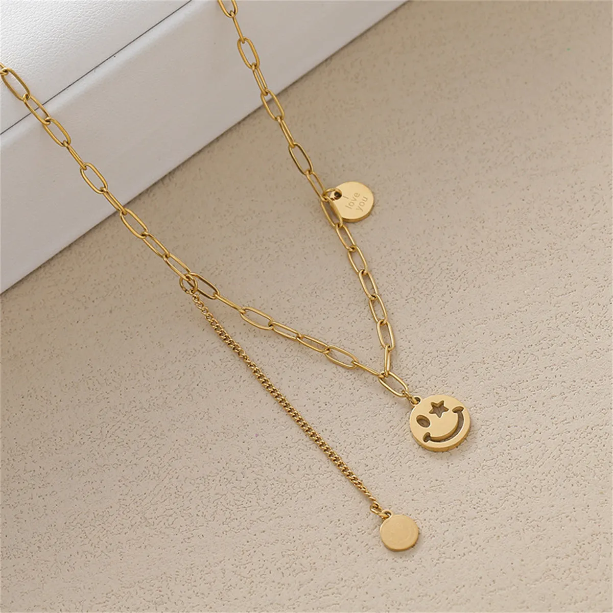 18K Gold-Plated 'I Love You' Smiley Drop Layered Necklace
