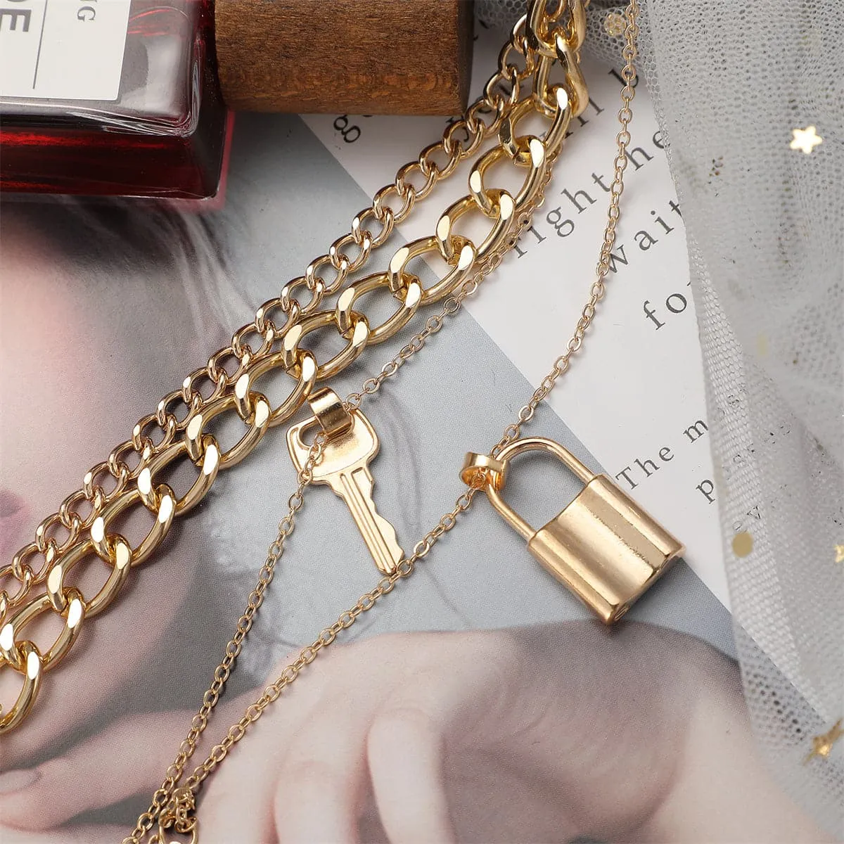18K Gold-Plated Key Lock Layered Chain Pendant Necklace