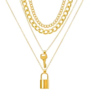 18K Gold-Plated Key Lock Layered Chain Pendant Necklace