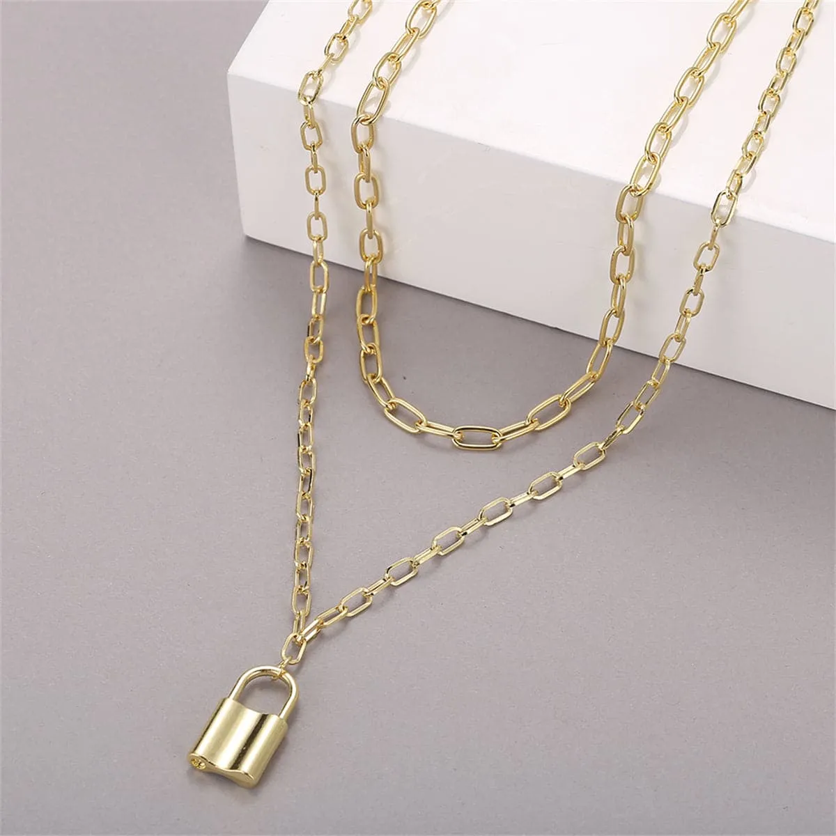 18K Gold-Plated Lock Layered Pendant Necklace