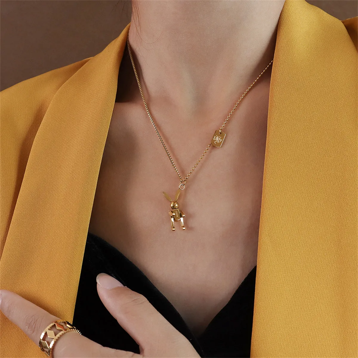 18K Gold-Plated 'Luck' Rabbit Rectangle Pendant Necklace
