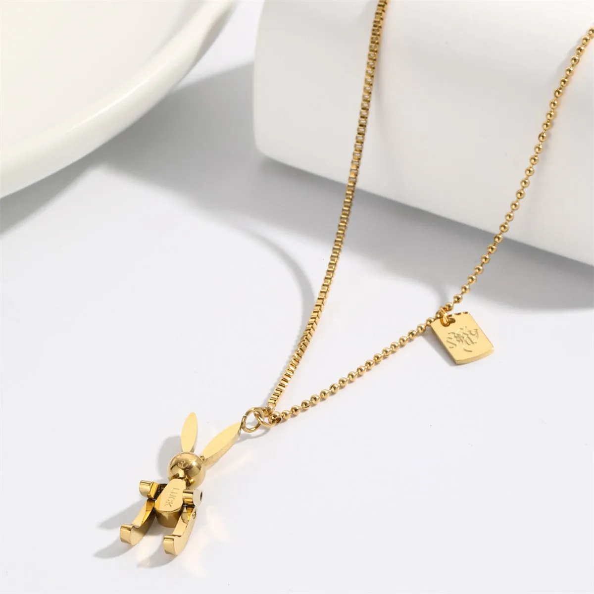 18K Gold-Plated 'Luck' Rabbit Rectangle Pendant Necklace