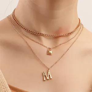 18K Gold-Plated 'M' Lock Layered Pendant Necklace