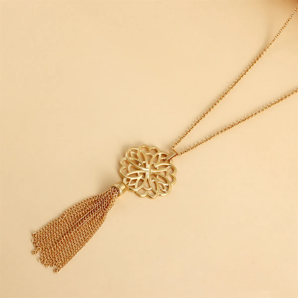 18K Gold-Plated Openwork Lotus Tassel Pendant Necklace