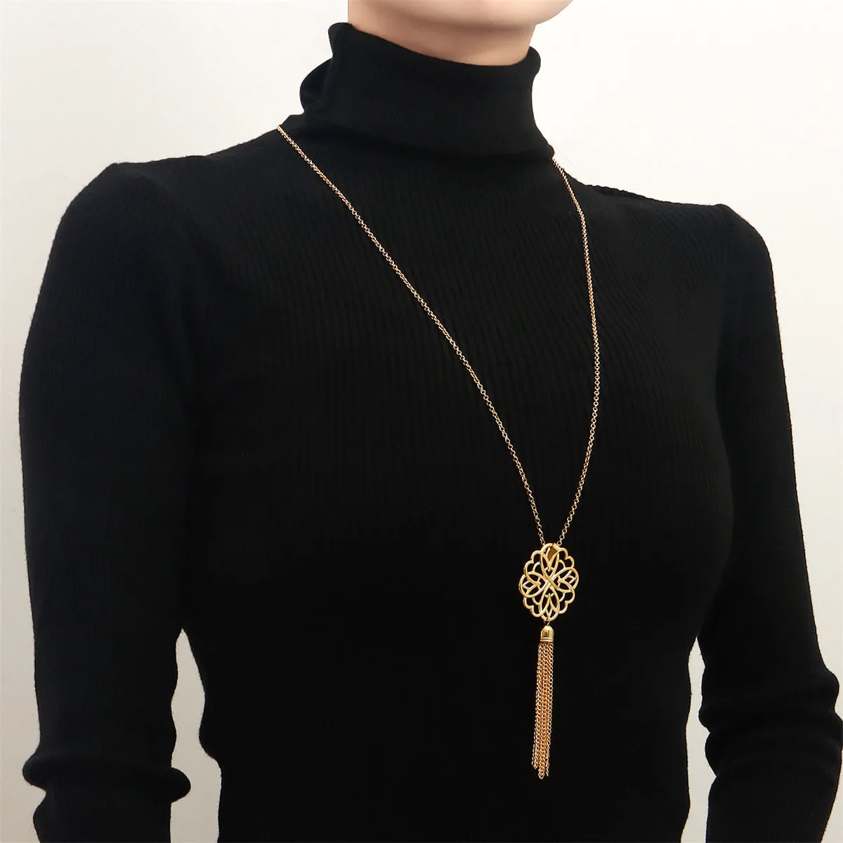 18K Gold-Plated Openwork Lotus Tassel Pendant Necklace