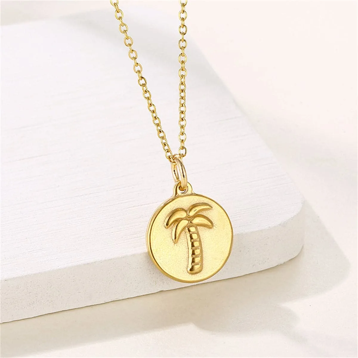 18K Gold-Plated Palm Tree Round Pendant Necklace