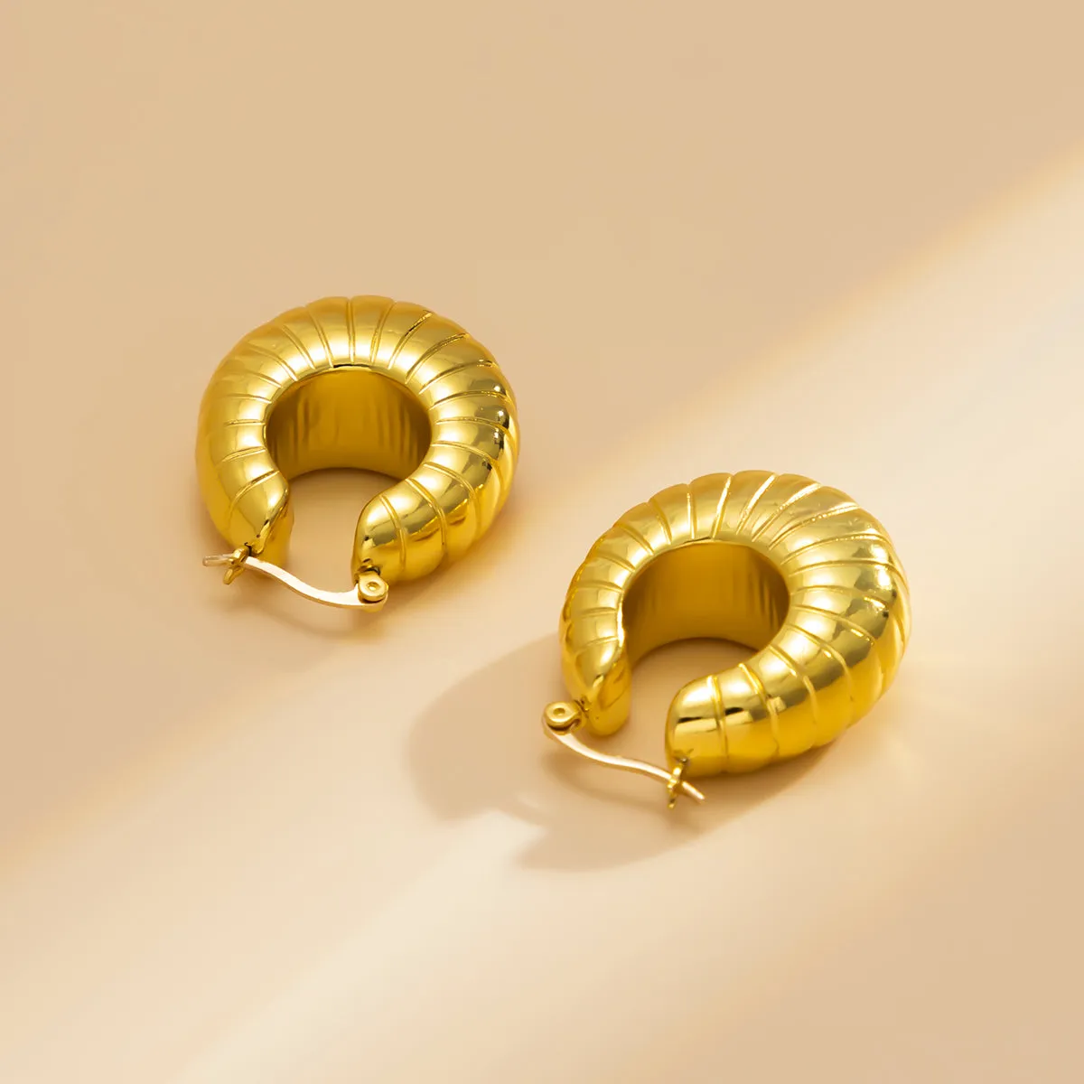 18K Gold-Plated Ribbed U-Shape Drop Earrings