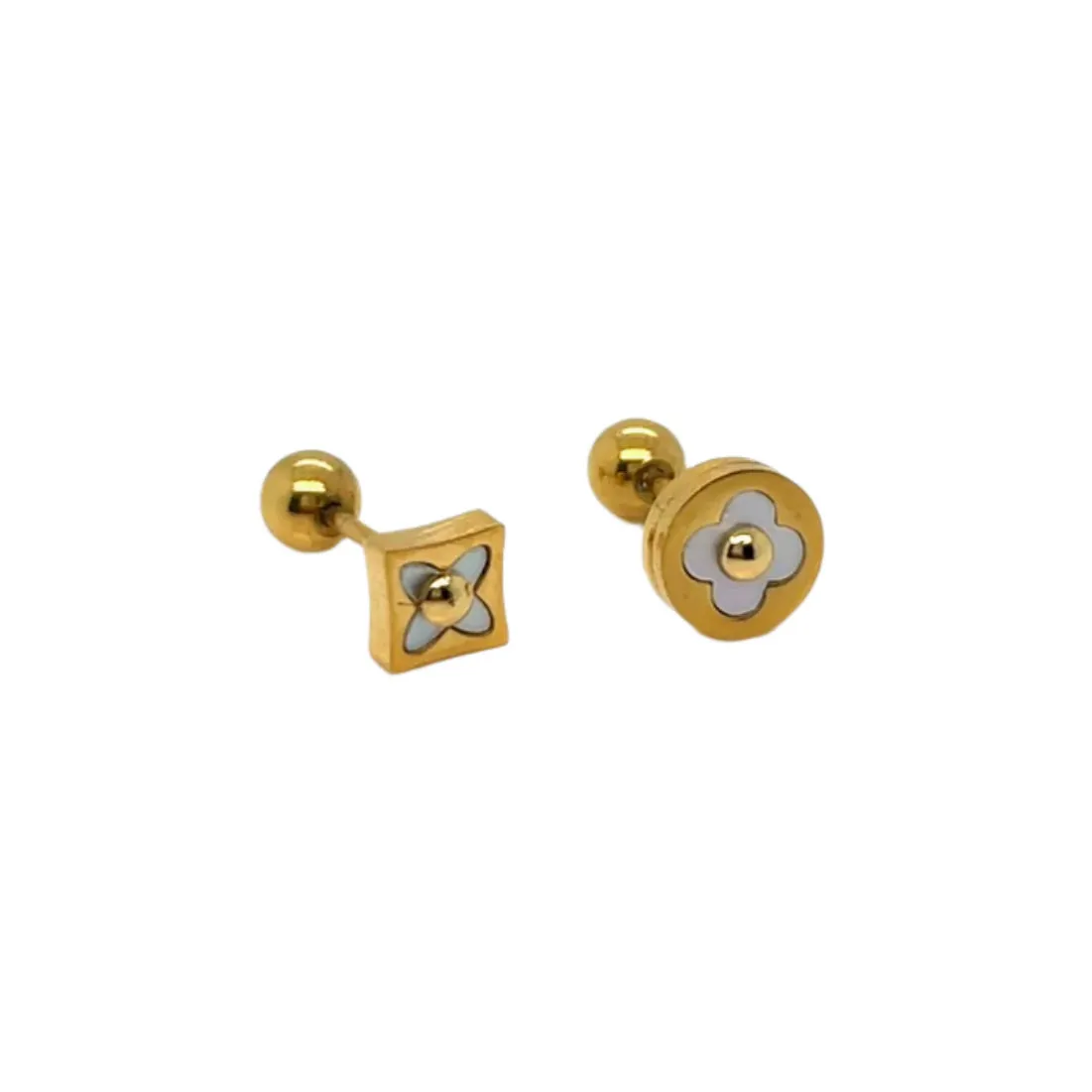 18k Gold Plated Round & Diamond Shaped Stainless Steel Earrings White Pearl Enamel