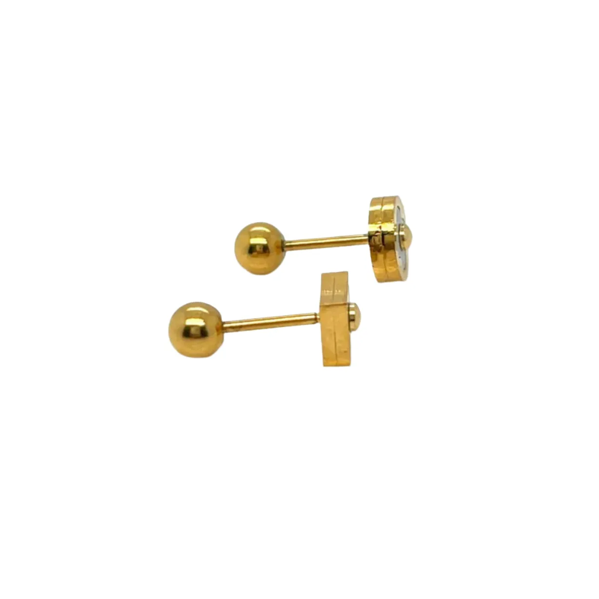 18k Gold Plated Round & Diamond Shaped Stainless Steel Earrings White Pearl Enamel