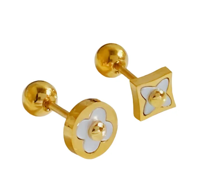 18k Gold Plated Round & Diamond Shaped Stainless Steel Earrings White Pearl Enamel