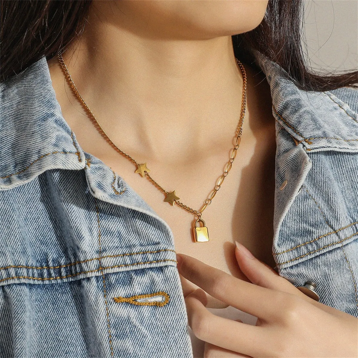 18K Gold-Plated Star & Lock Pendant Necklace