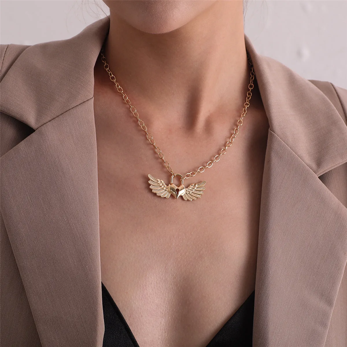 18K Gold-Plated Wing Heart Lock Pendant Necklace