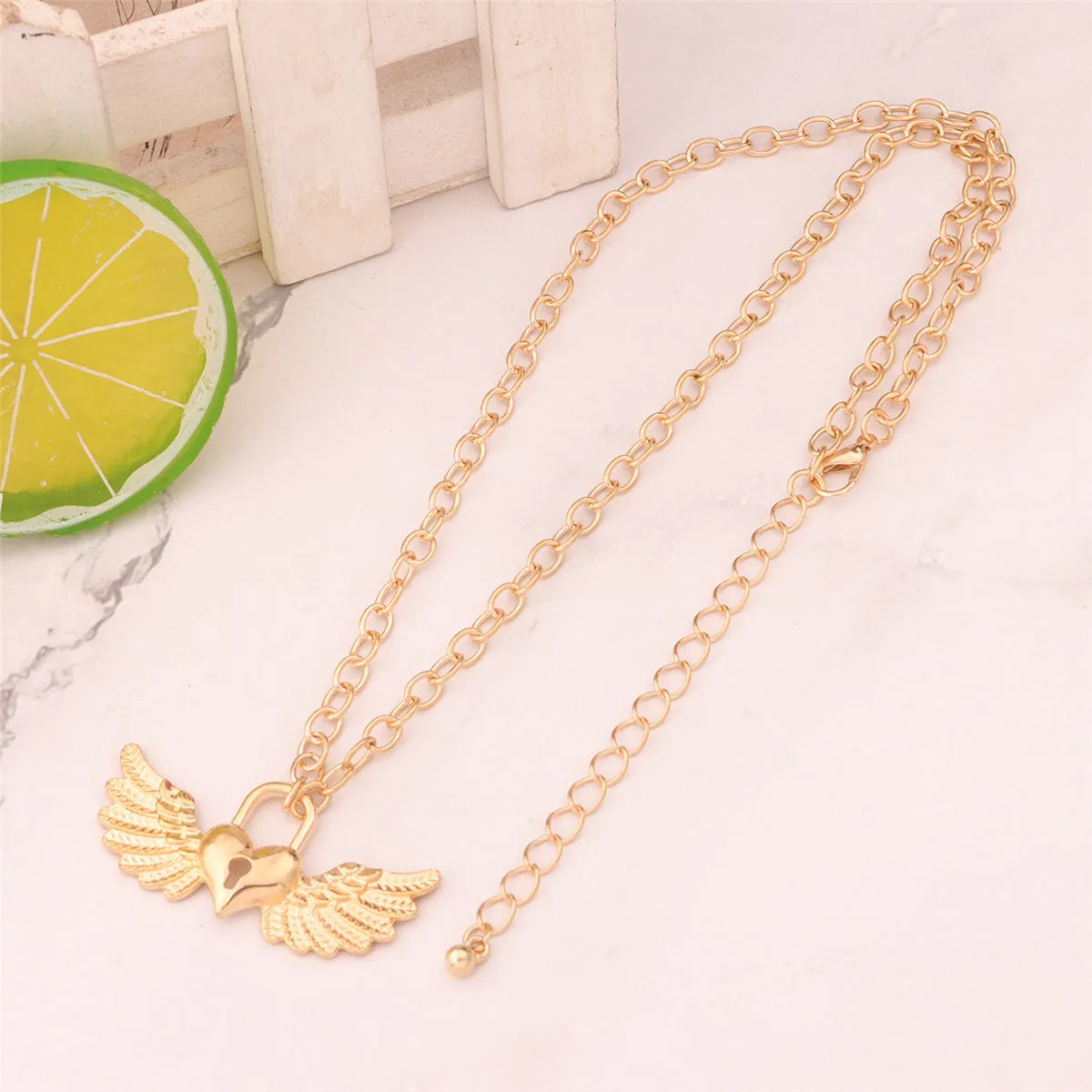18K Gold-Plated Wing Heart Lock Pendant Necklace