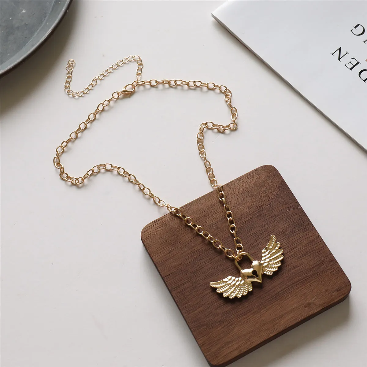 18K Gold-Plated Wing Heart Lock Pendant Necklace