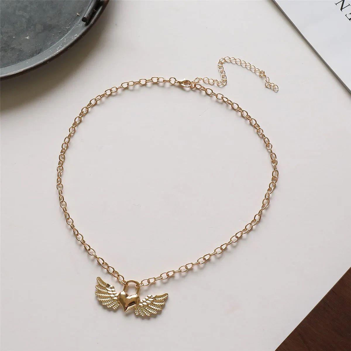 18K Gold-Plated Wing Heart Lock Pendant Necklace