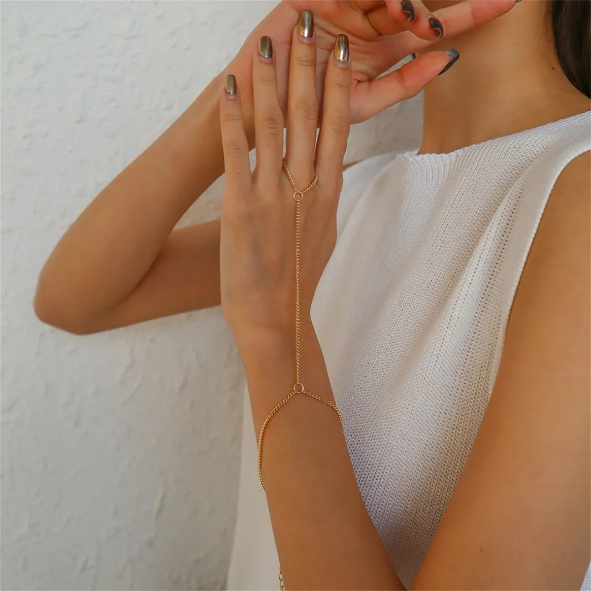 18K Gold-Plated Wrist-To-Ring Chain Bracelet