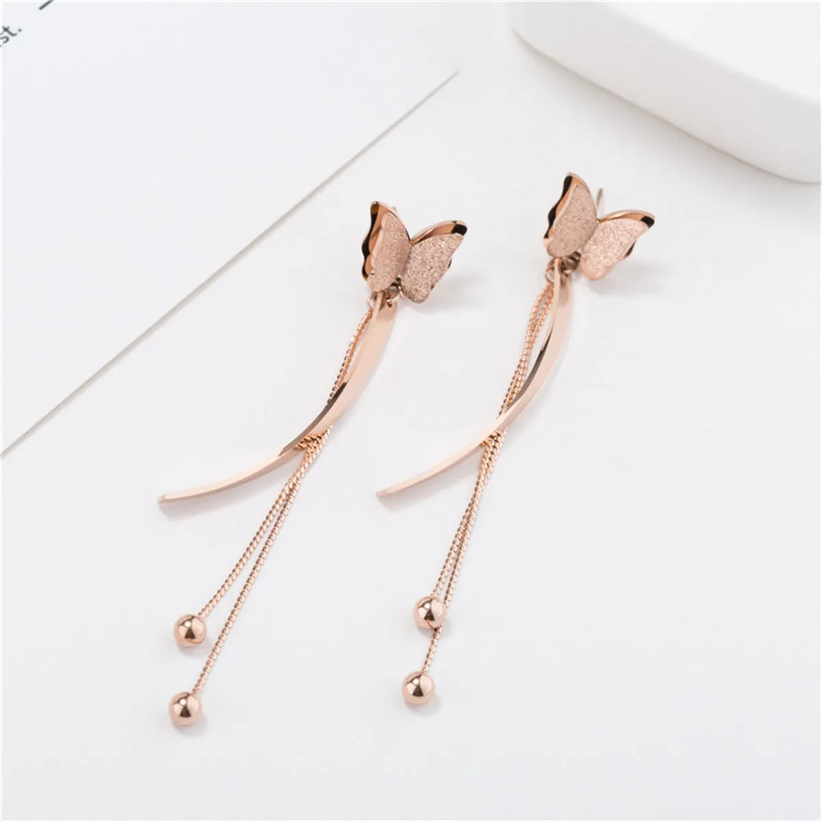 18K Rose Gold-Plated Butterfly Tassel Drop Earrings