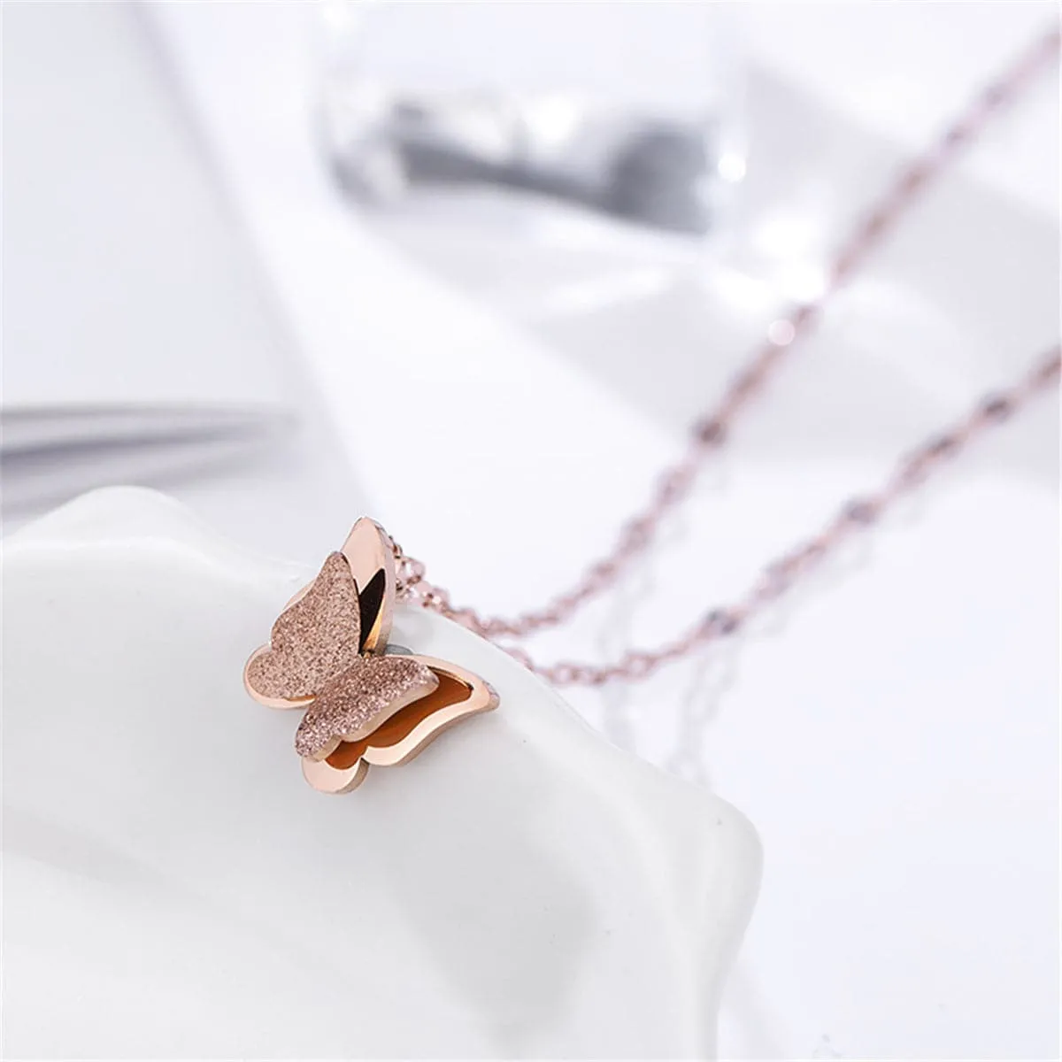 18K Rose Gold-Plated Frosted Butterfly Pendant Necklace