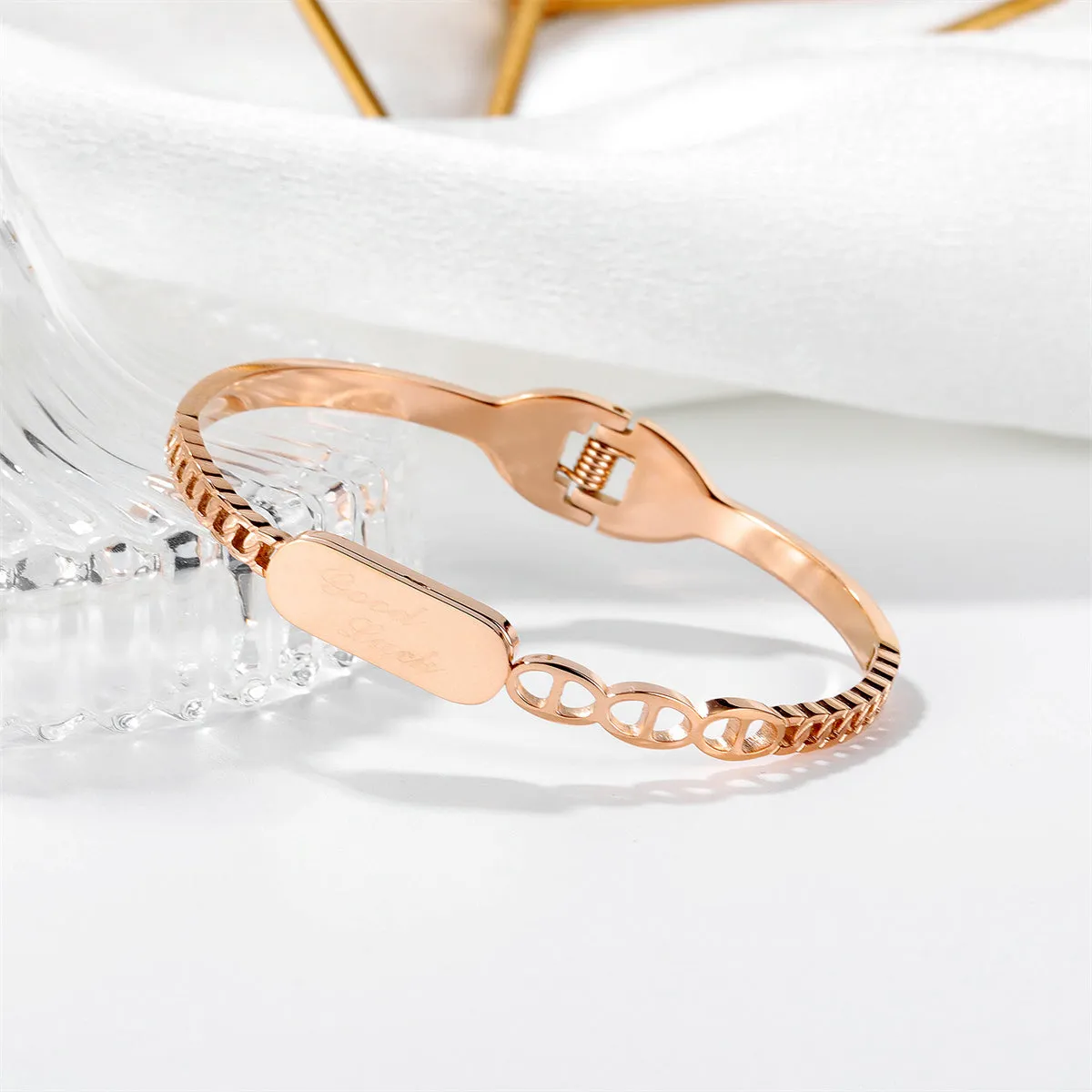18K Rose Gold-Plated 'Good Luck' Curb Chain Bangle