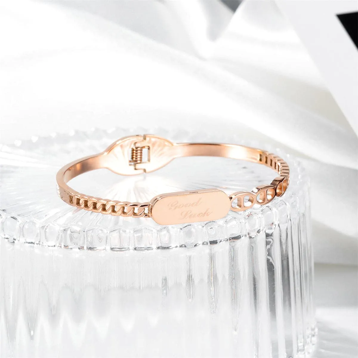 18K Rose Gold-Plated 'Good Luck' Curb Chain Bangle