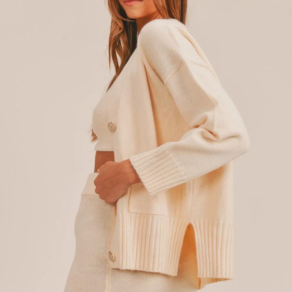 3 Pieces Sweater Set with Crop Cami, Mini Skirt, Cardigan
