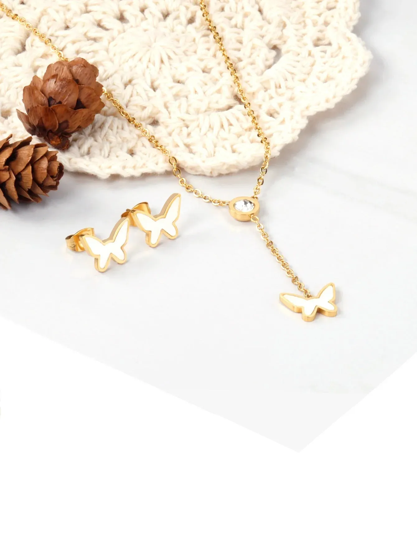3pcs Butterfly Shaped Stainless Steel Pearl Jewelry Set - FD ⚡