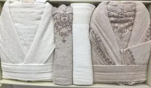 A Turkish robe set with guipure, lace and 100% bamboo cotton, 6 pieces 2 women's robes  2 towels 50 x 90 cm  2 bathrobes 90 x 150 cm