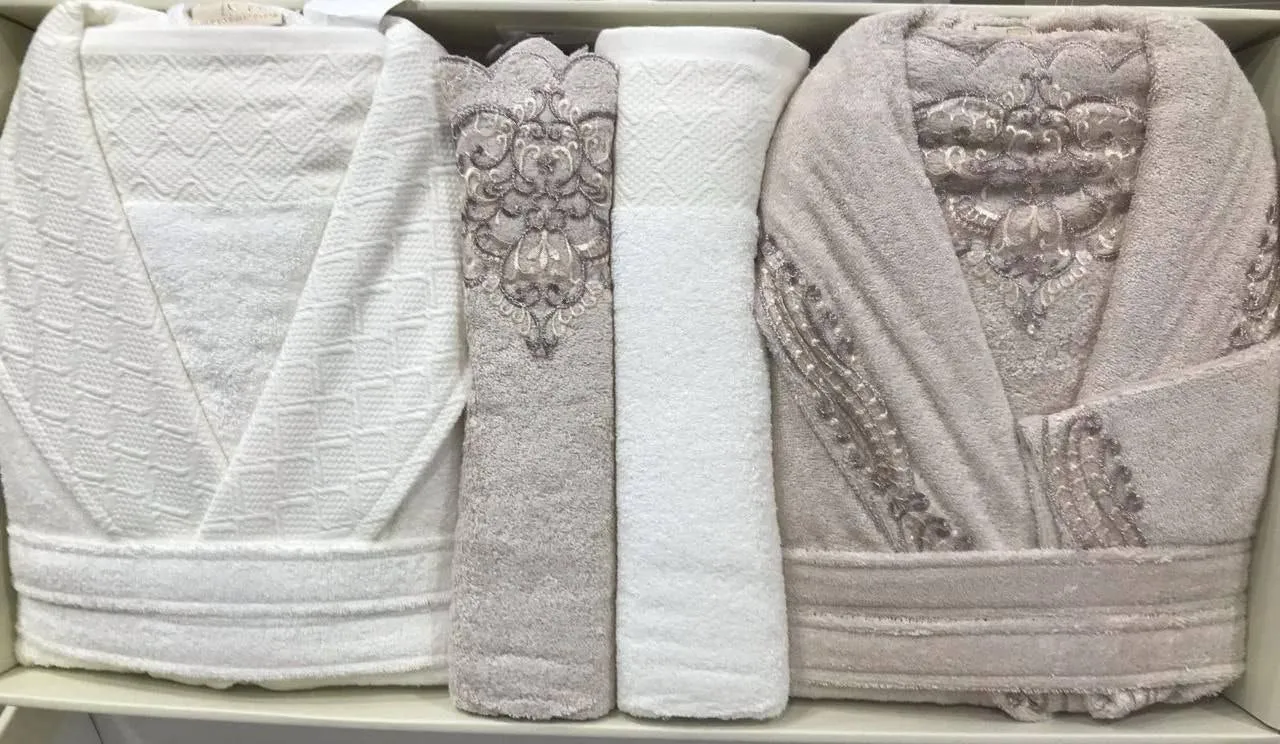 A Turkish robe set with guipure, lace and 100% bamboo cotton, 6 pieces 2 women's robes  2 towels 50 x 90 cm  2 bathrobes 90 x 150 cm