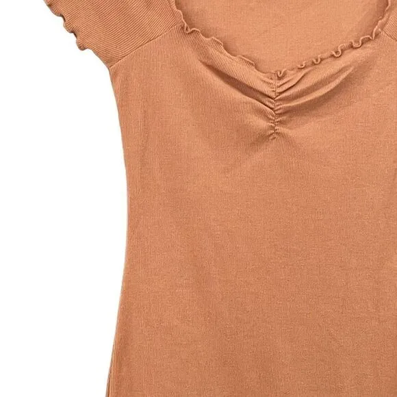 Abound Women's Brown Lettuce Edge Rib-Knit Bodycon Mini Dress Size XS