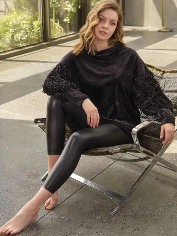 Anil Women’s Velvet Sleeve Detailed Long Sleeve Tunic And Leather Look Tights Set-