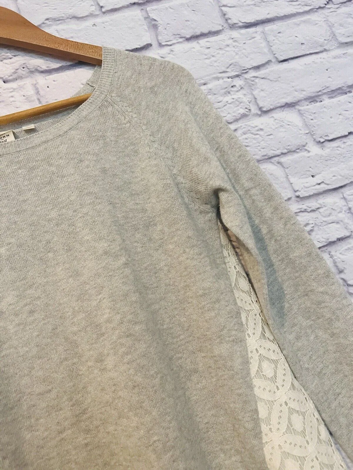 ANTHROPOLOGIE Seen Worn Kept Gray Knit Sweater Sz S Cream Lace Back Boho