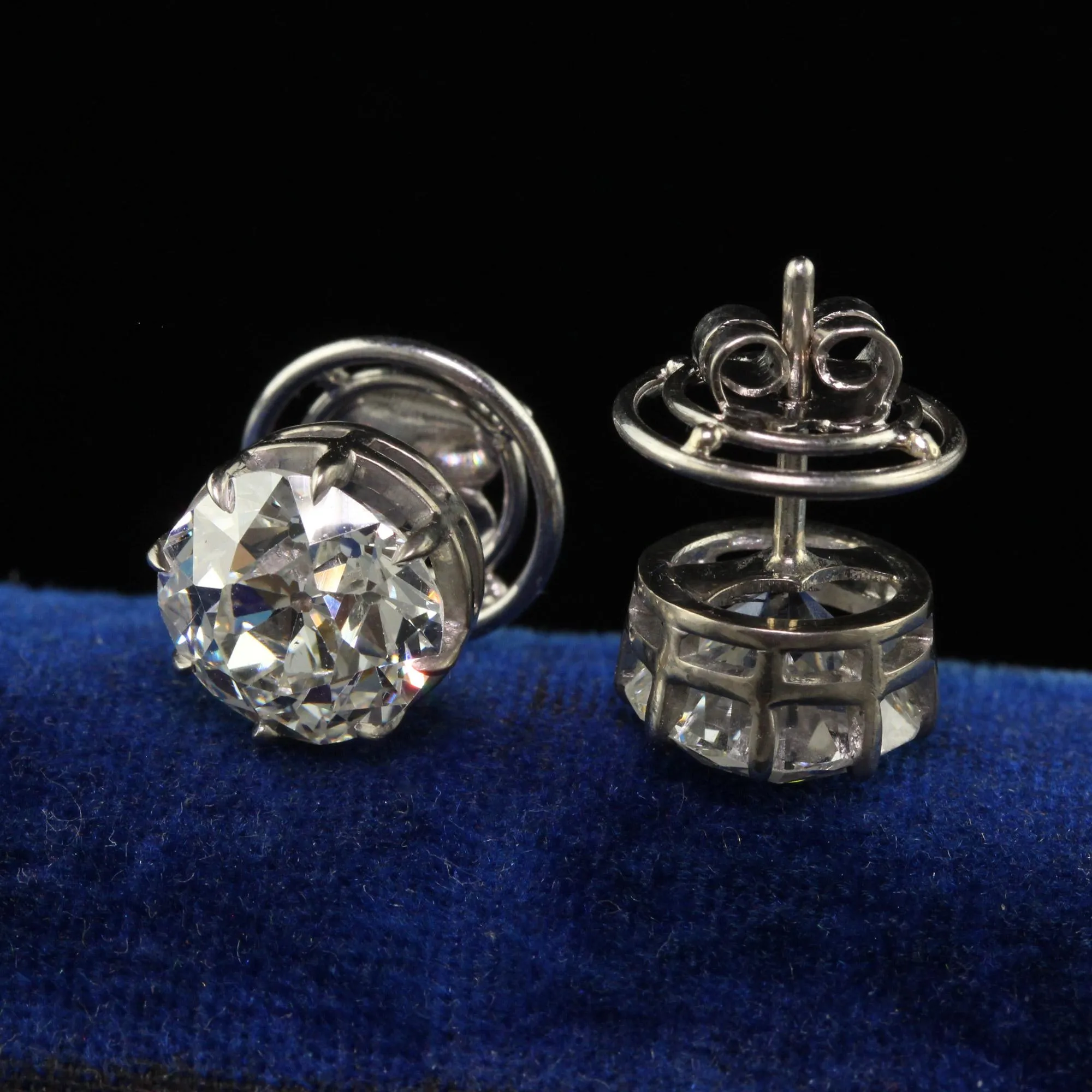 Antique Art Deco Platinum Old European Diamond Stud Earrings - GIA