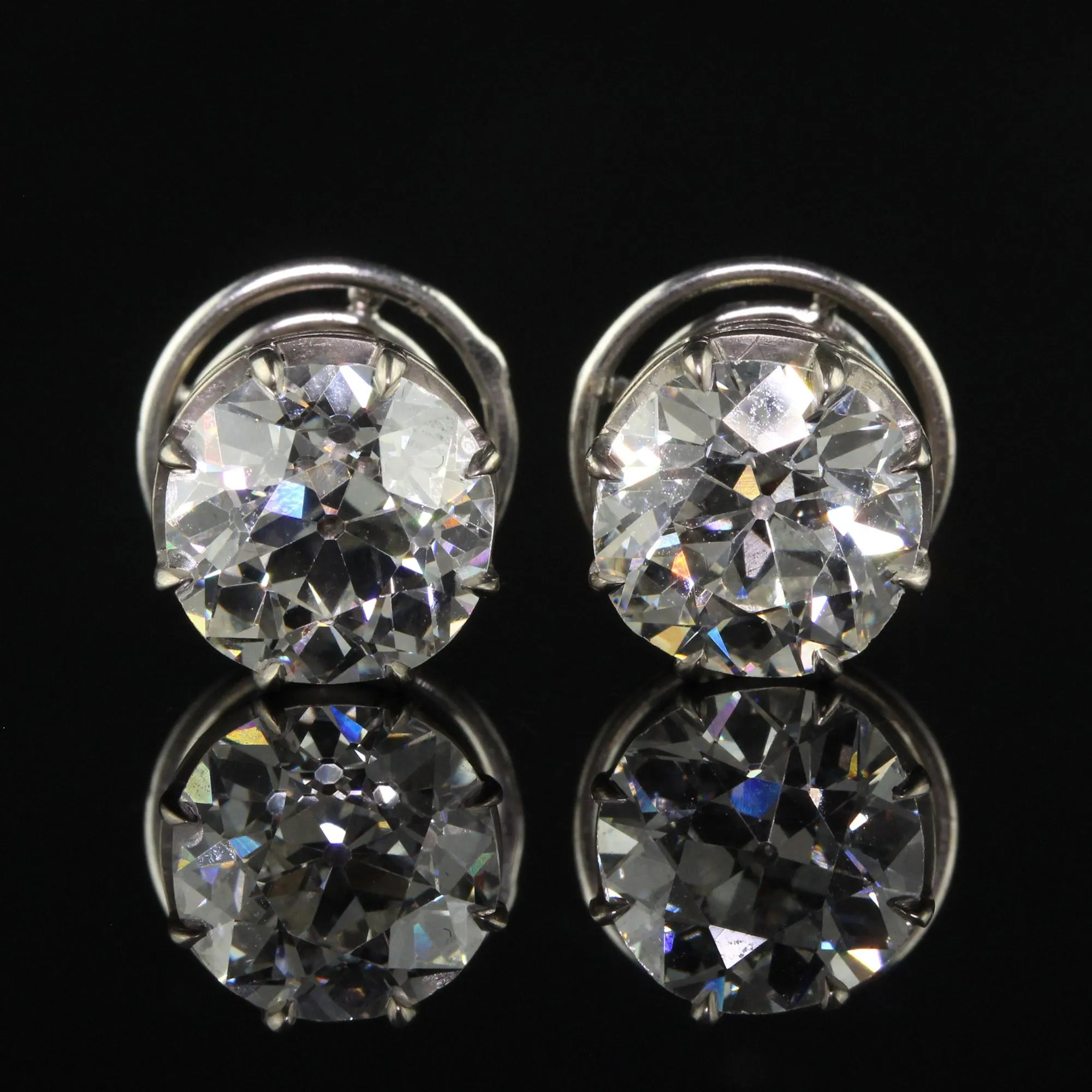 Antique Art Deco Platinum Old European Diamond Stud Earrings - GIA