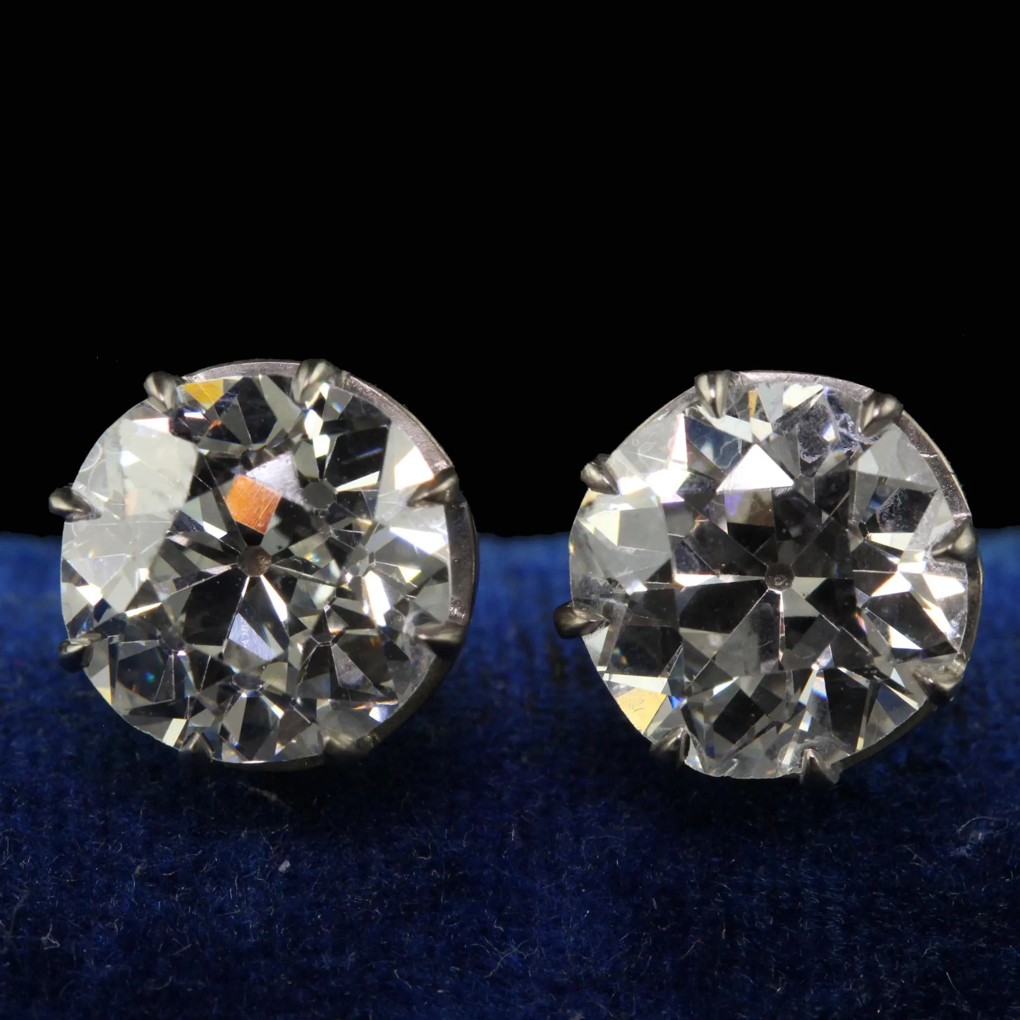 Antique Art Deco Platinum Old European Diamond Stud Earrings - GIA