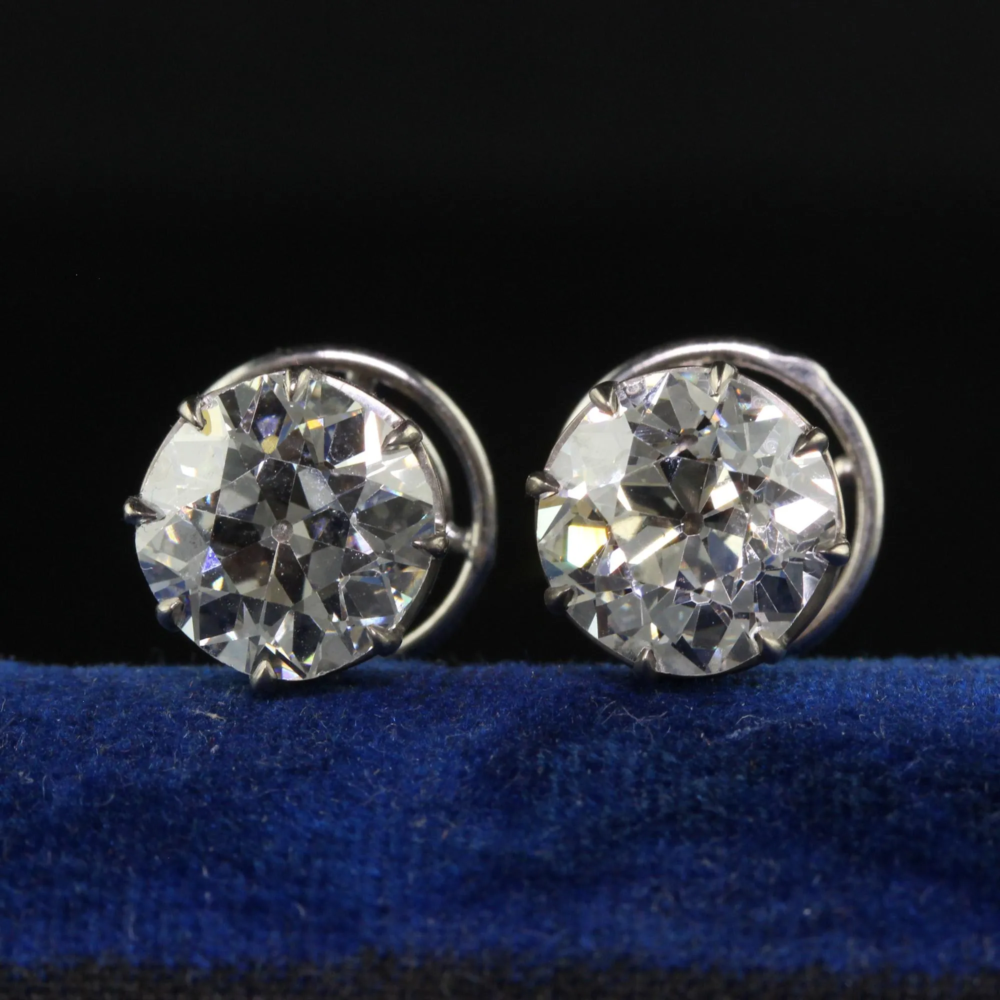 Antique Art Deco Platinum Old European Diamond Stud Earrings - GIA