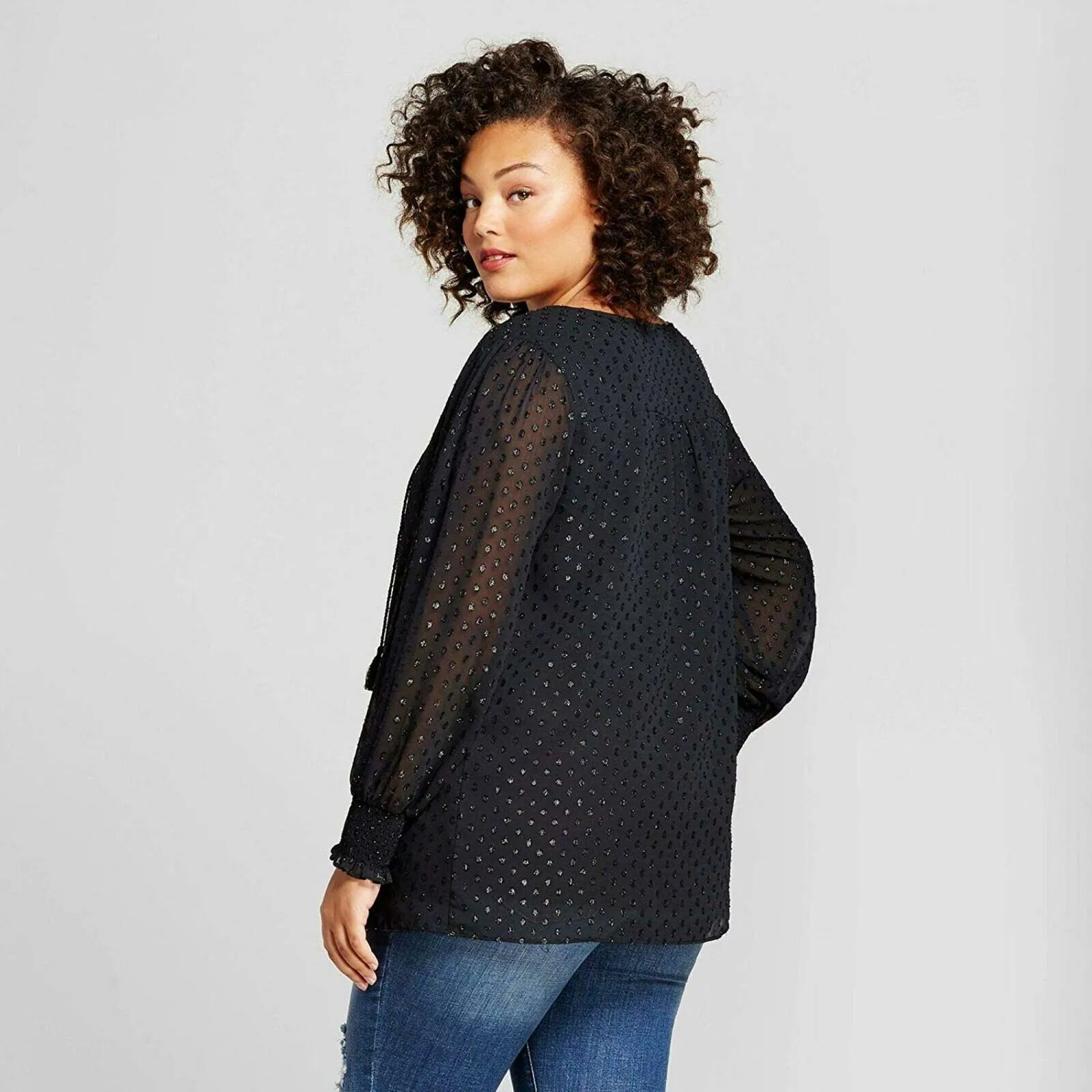 Ava & Viv Women's Plus Size Textured Tie Front Blouse Black Plus X