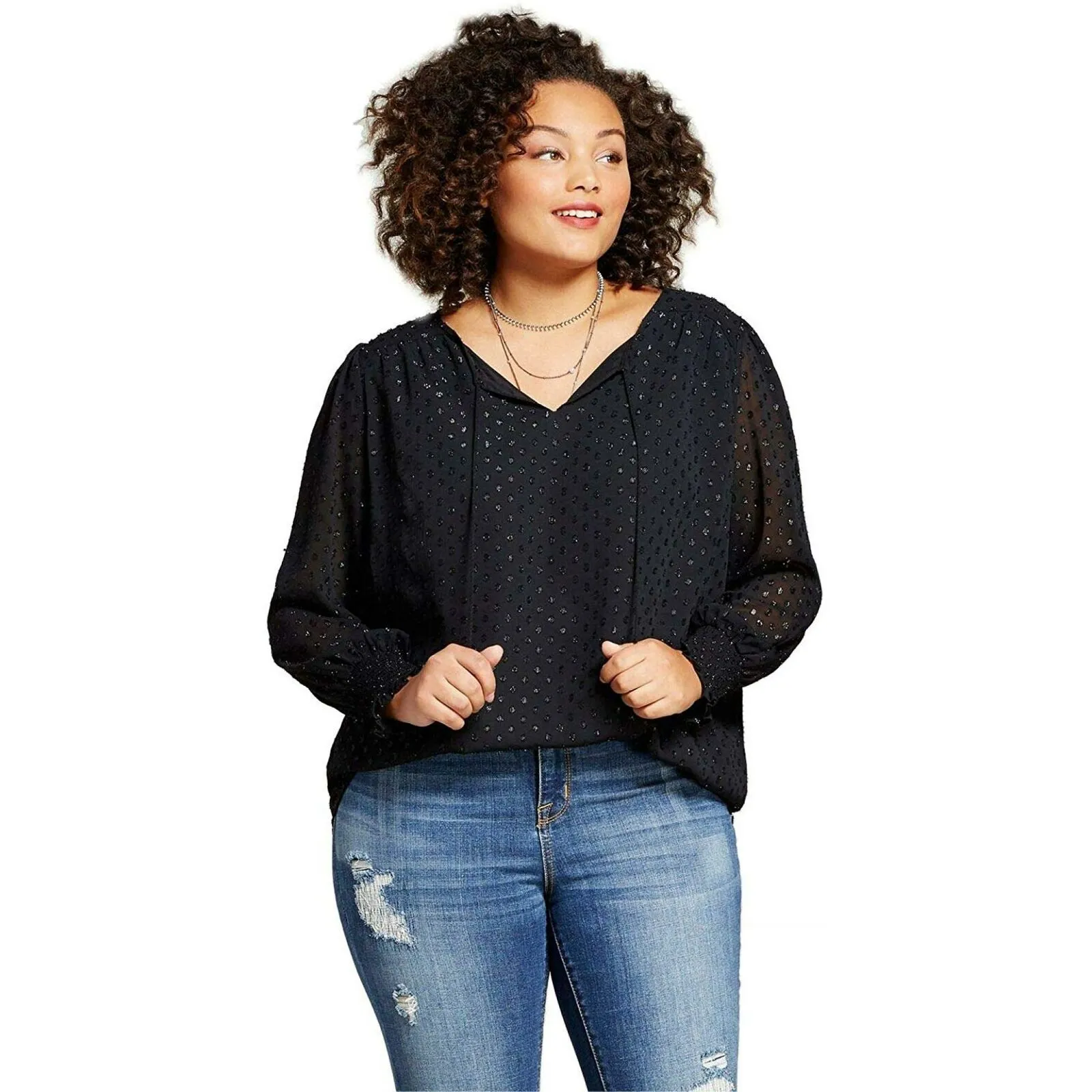 Ava & Viv Women's Plus Size Textured Tie Front Blouse Black Plus X